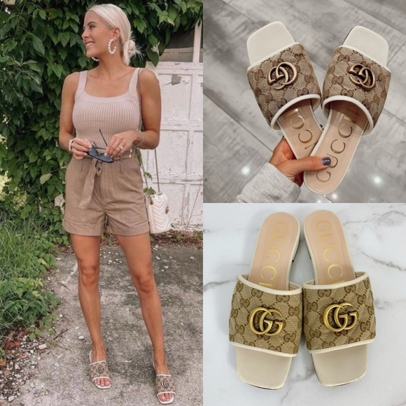GUCCI Monogram Matelasse GG Marmont Flat Slide Sandals Beige Ebony Mystic White - Picture 1 of 15